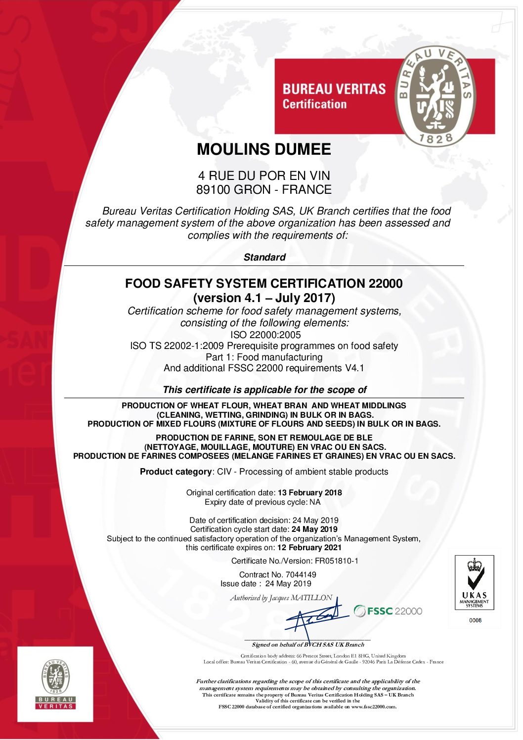 MOULINS DUMEE Certificat FSSC 22000 4.1 SV1